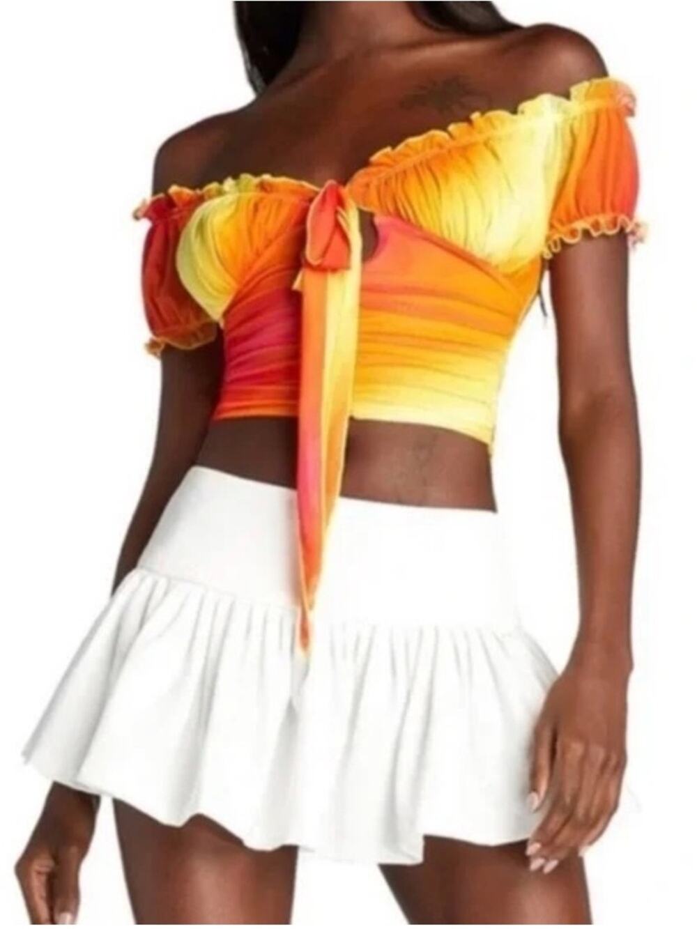 I.AM.GIA Hali Sunset Ombre Mesh Ruched Tie Front Crop Top XS